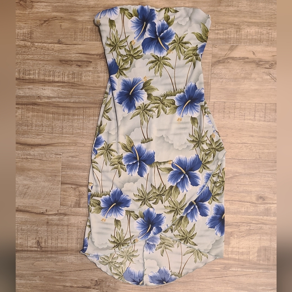 Vtg 2000s Niche Tropical Hibiscus Stapless Midi Dress - Asymmetrical - S 💚